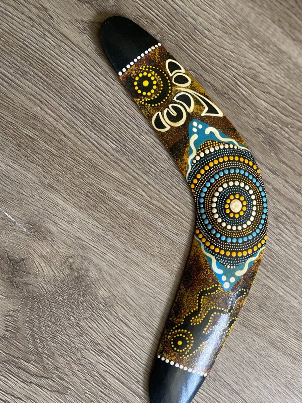 Vintage Aboriginal Dot Art Boomerang, Hand-Painted Traditional Wood Decor